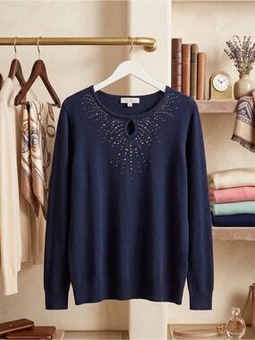 Women's Navy Embellished Keyhole Sweater